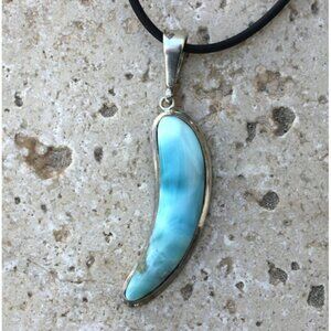 High Quality Aqua Blue Larimar Stone Sterling Silver Curve Pendant Cord Necklace